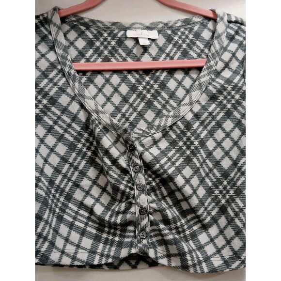 Y2K Colsie Women's Plaid Long Sleeve Button-Front Cropped Top Gray White Small - Picture 4 of 7